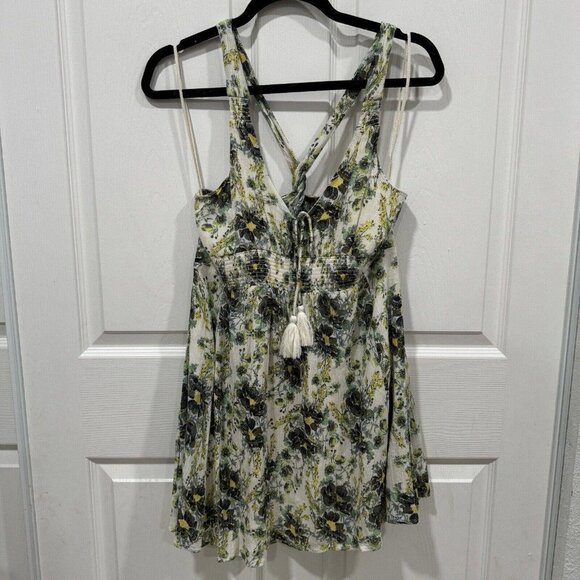 Free People Green Floral Print Criss-Cross Summer Gauze Mini Dress Small S - Picture 2 of 8